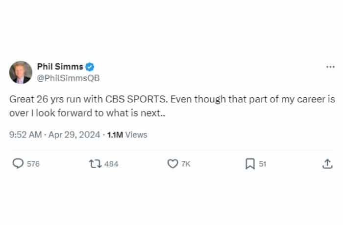 Phil Simms confirms The NFL Today Exit - X