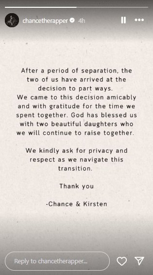 The Voice coach, Chance the Rapper, makes a joint announcement with Kirsten Corley about their divorce. - Instagram