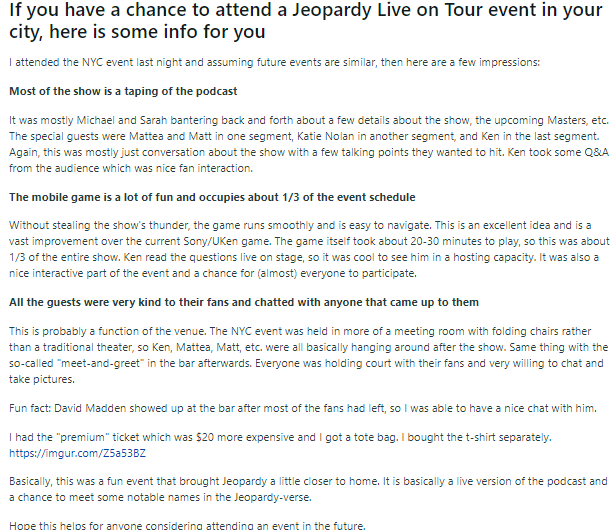 Jeopardy! fans give feedback about the Live On Tour event. - Reddit