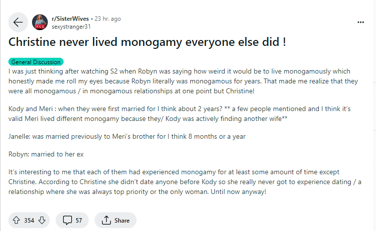Christine Brown is the only wife who did not experience monogamy before leaving Kody Brown. - Reddit
