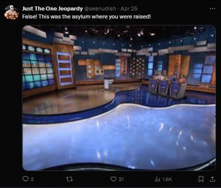An X user corrects Ken Jennings showing "his asylum." - X/Jeopardy!