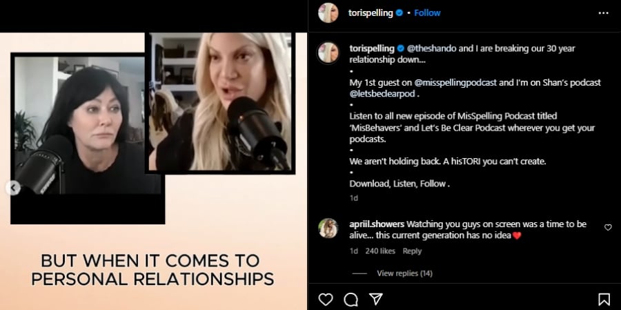Shannen Doherty and Tori Spelling talk it out on the misSpelling podcast,  Instagram