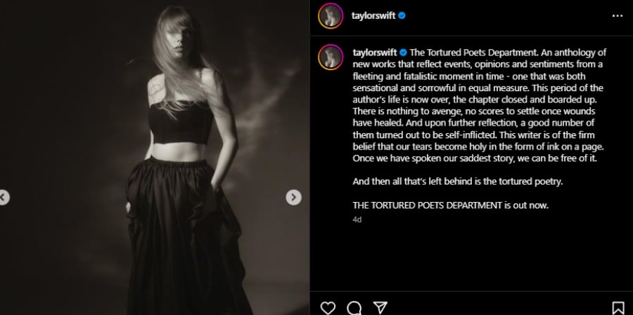 Taylor Swift, The Tortured Poets Department, TTPD. - Instagram 