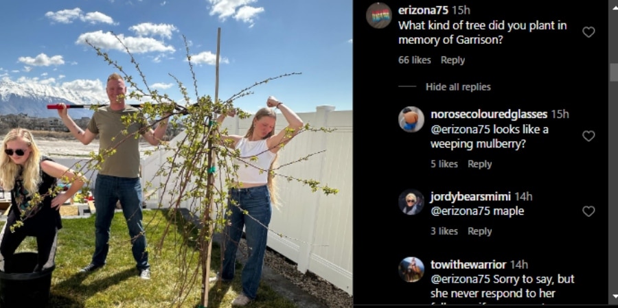 Truley, Paedon, and Ysabel Brown plant a tree to honor Garrison Brown. - Instagram
