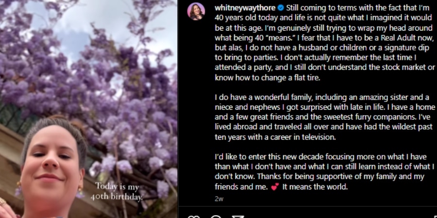 Whitney Way Thore shows a thinner neck and chin in her 40th birthday post. - Instagram