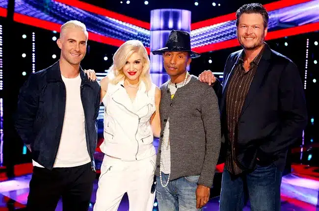 The Voice judges 2014, Adam Levine, Gwen Stefani, Pharrell, and Blake Shelton. - NBC