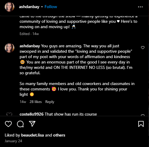 She replies to her initial Instagram announcement to thank fans. - Instagram