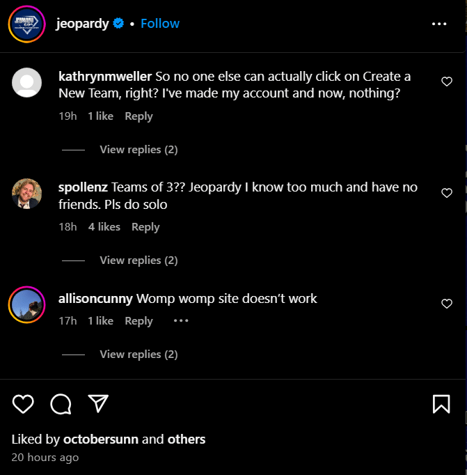 Comments after fans struggle to use the spinoff website. - Instagram