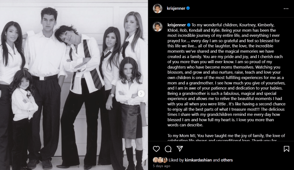 Kris Jenner shares a photo of the family in earlier years. - Instagram