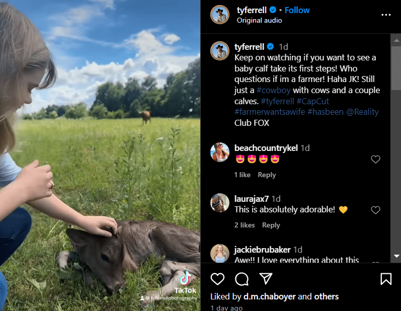 Lennon Ferrell takes a few minutes to connect with the new calf. - Farmer Wants A Wife - Instagram