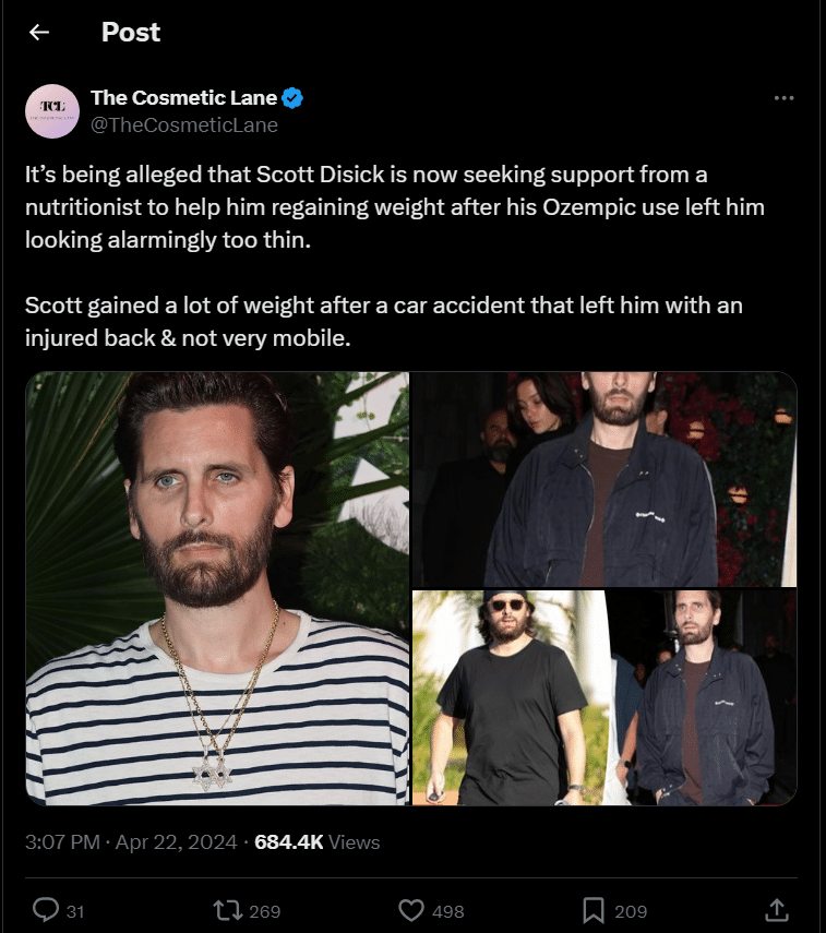 Claims of Ozempic use are seemingly covering up the real reason behind Scott Disick's weight loss. - X