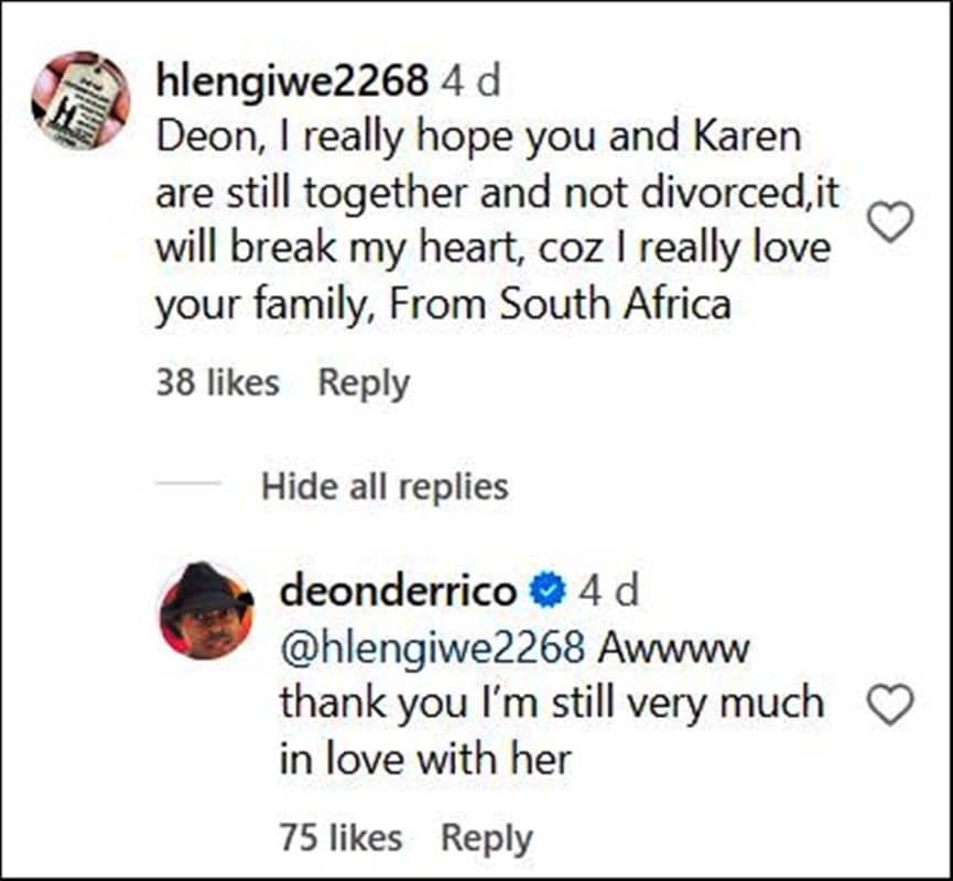 Deon Derrico Still Loves Karen - Deon Derrico Instagram