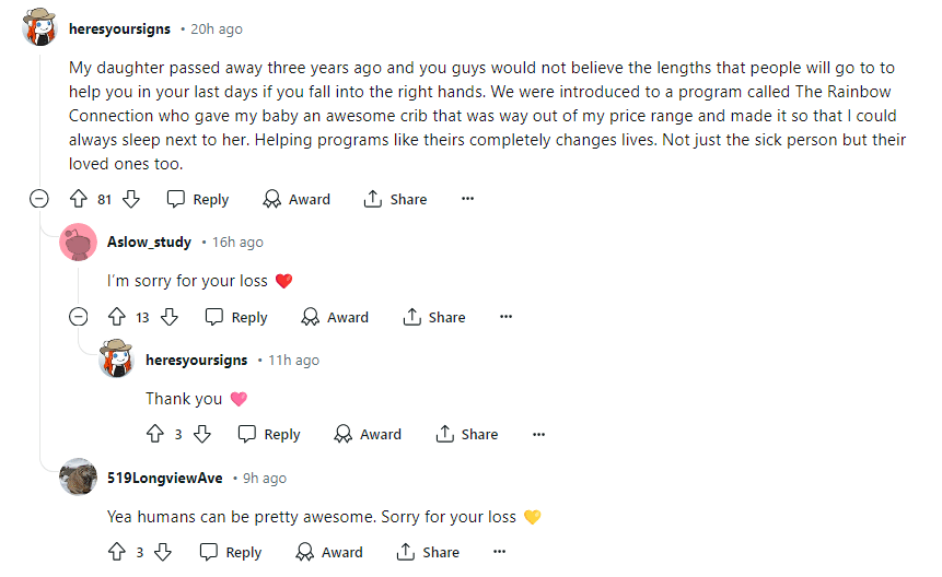 One commenter commends people for making life better for the dying. - Reddit