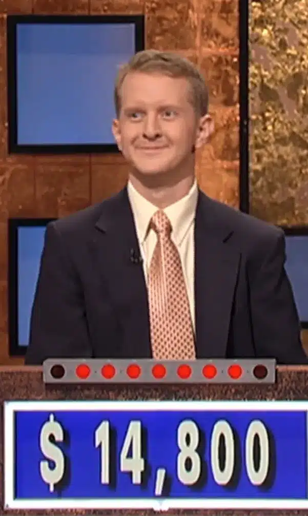 Ken Jennings smirks after realizing his answer reveals his dirty mind. - Jeopardy!