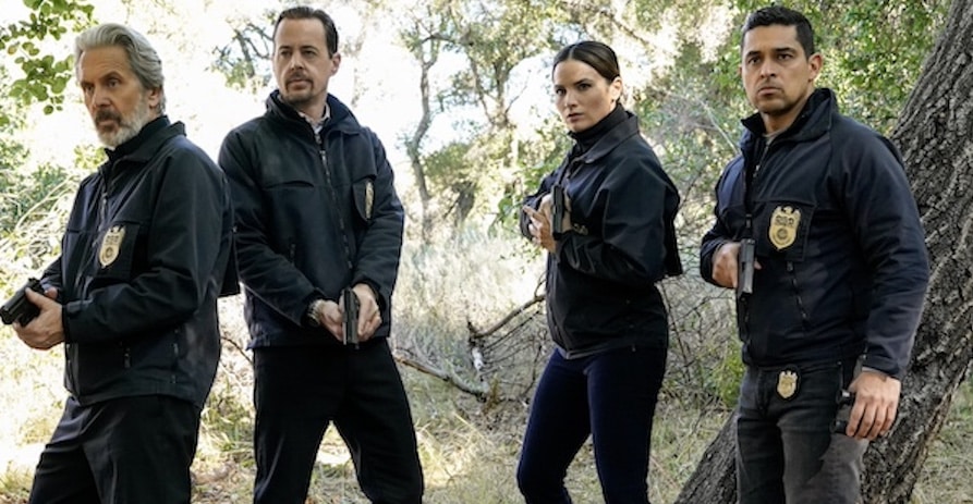 NCIS Pictured (L-R): Gary Cole as Alden Parker, Sean Murray as Timothy McGee, Katrina Law as Jessica Knight, and Wilmer Valderrama as Nicholas “Nick” Torres. Photo: Robert Voets/CBS ©2024 CBS Broadcasting, Inc. All Rights Reserved.