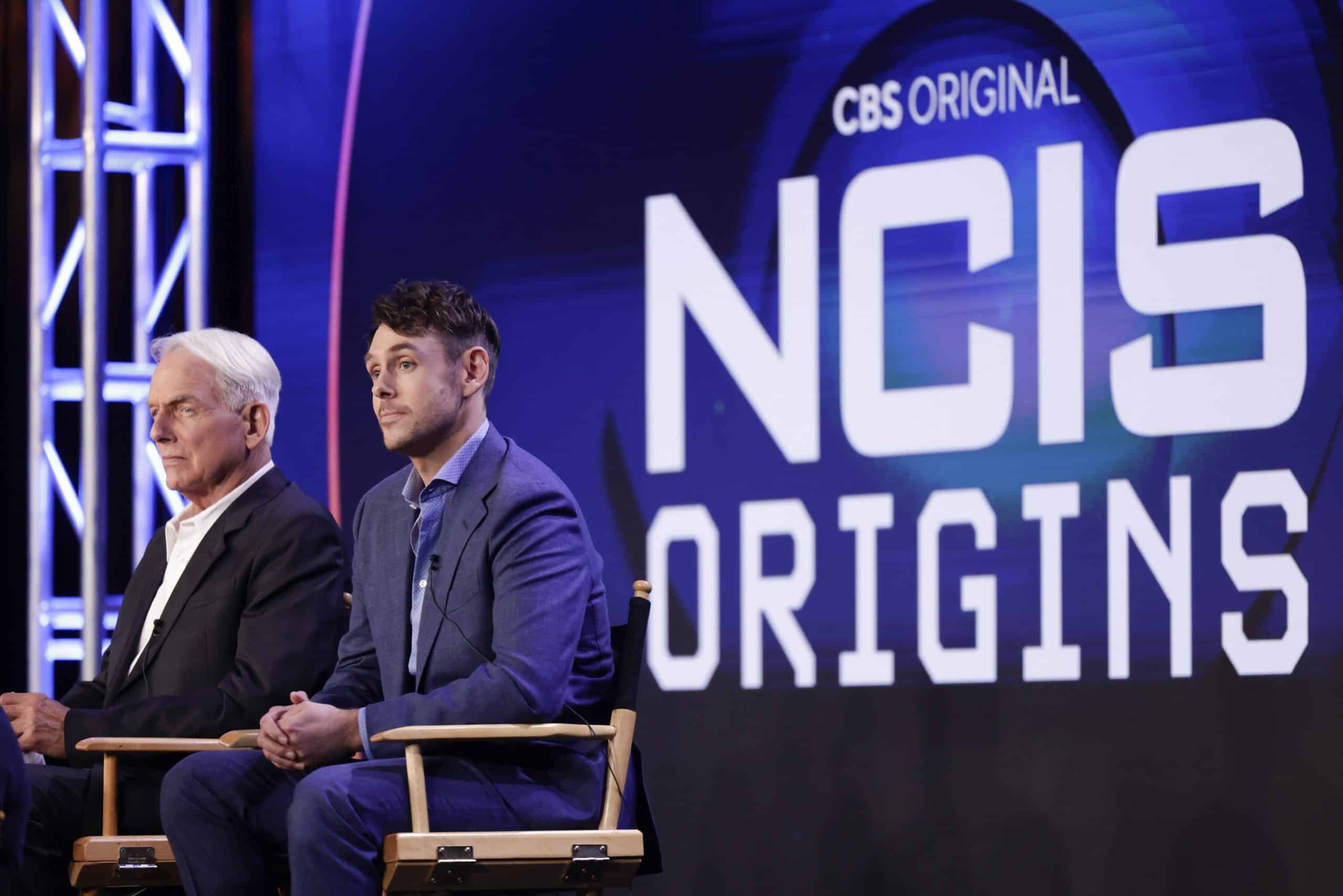 (L-R) Mark Harmon, Executive Producer and Narrator and Shawn Harmon, Executive Producer of the CBS series NCIS: Origins at the TCA SUMMER PRESS TOUR 2024 on Saturday, July 13, 2024 at the Langham Huntington Hotel in Pasadena, CA. Photo: Francis Specker/CBS ©2024 CBS Broadcasting, Inc. All Rights Reserved