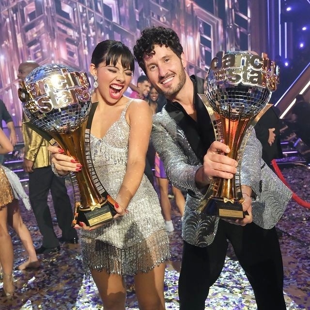 Xochitl Gomez and Val Chmerkovskiy winning DWTS Season 32, sourced from the Dancing With The Stars Instagram page