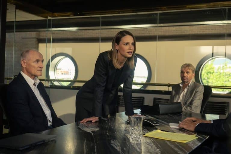 Landman L-R: Colm Feore as Nathan, Kayla Wallace as Rebecca Savage, and Billy Bob Thornton as Tommy Norris in season 1, episode 4 of Landman streaming on Paramount+ Photo Credit: Emerson Miller/Paramount+
