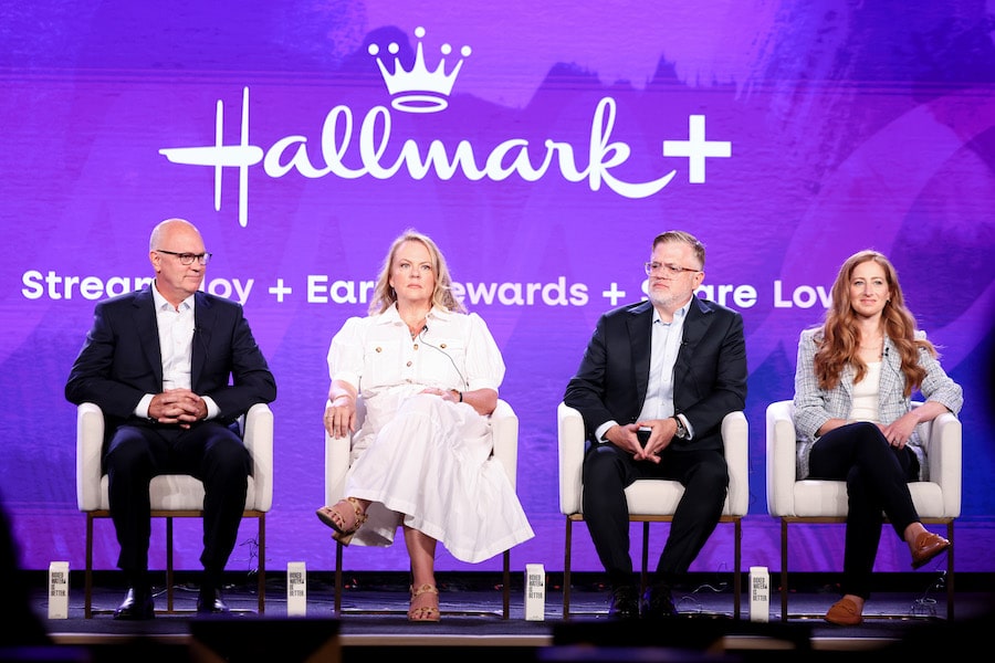 Mike Perry, President and CEO, Hallmark, Lisa Hamilton Daly, Executive Vice President, Programming, Hallmark Media, Darren Abbott, Chief Brand Officer, Hallmark and Emily Powers, Executive Vice President, Streaming and Digital Platforms, Hallmark Media participate in Hallmark Media’s Executive Session panel during the Summer 2024 Television Critics Association Press Tour at The Langham Huntington in Pasadena, CA on July 11, 2024. (Photo by Rodin Eckenroth/Getty Images for Hallmark Media)