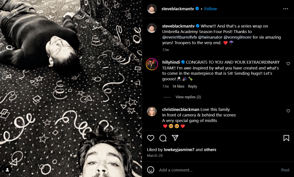 Steve Blackman credits the crew after a series of wraps for The Umbrella Academy Season 4. - Instagram