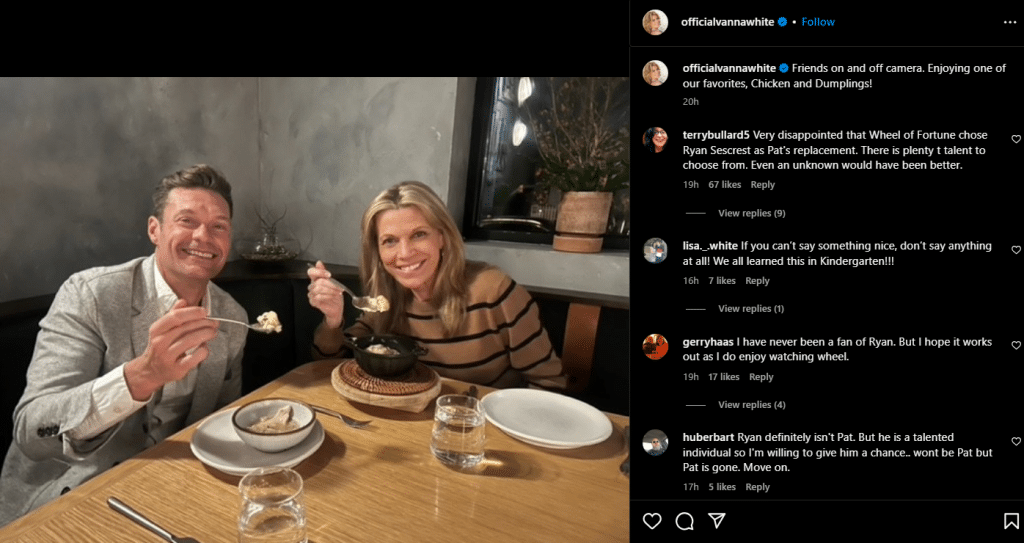 Vanna White breaks silence on suspected conflict with Ryan Seacrest. - Instagram