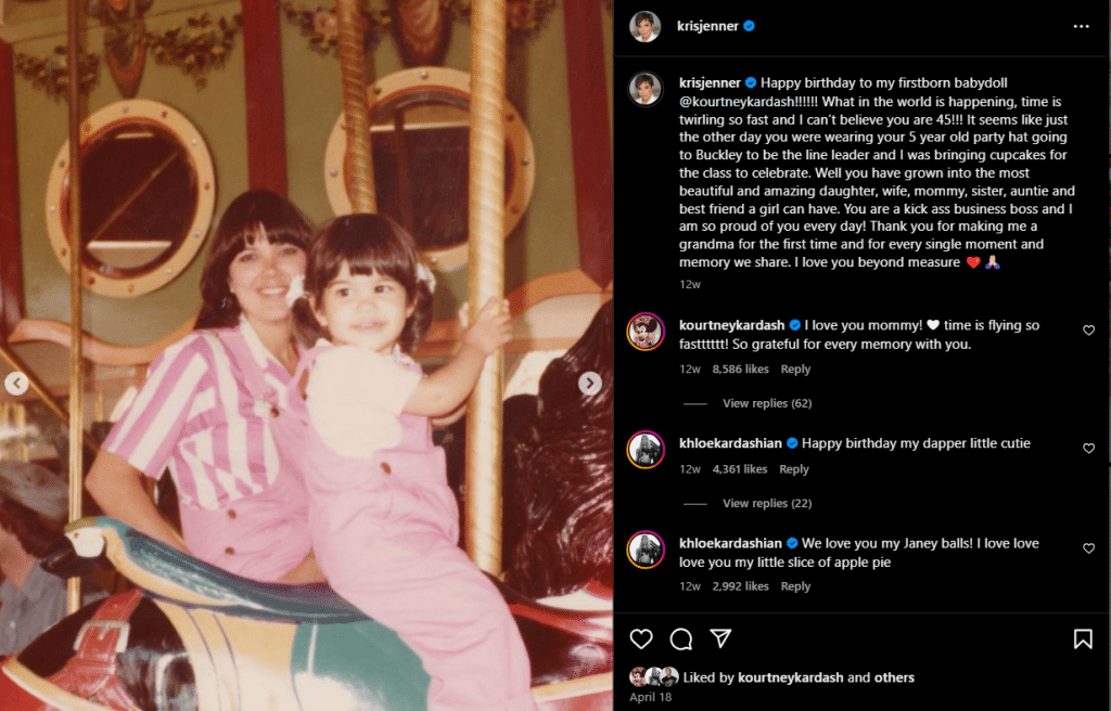 Kris Jenner recognizes her firstborn, Kourtney Kardashian. She is proud to be a mom. - Instagram