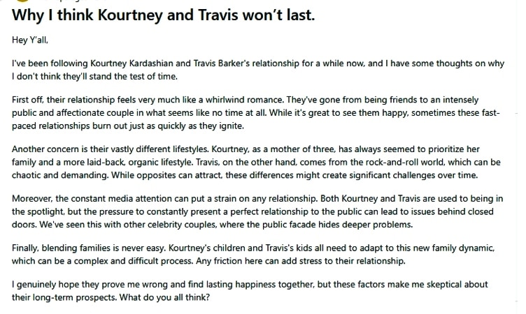 Some people think Travis Barker and Kourtney Kardashian won't last.- Reddit