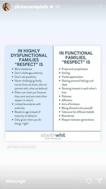 Olivia Plath discusses dysfunctional families. - Instagram