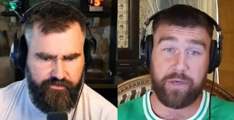 Travis Kelce and his brother Jason in a split screen of their podcast New Heights.