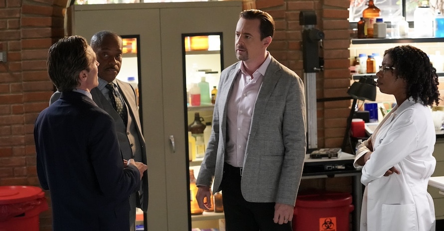 Pictured (L-R): Rocky Carroll as NCIS Director Leon Vance, Sean Murray as Special Agent Timothy McGee, and Diona Reasonover as Forensic Scientist Kasie Hines. Photo: Michael Yarish/CBS ©2024 CBS Broadcasting, Inc. All Rights Reserved.