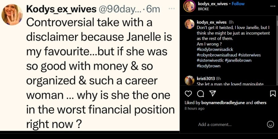 A Sister Wives fan poses the question about why Janelle Brown isn't financially healthy. - Instagram