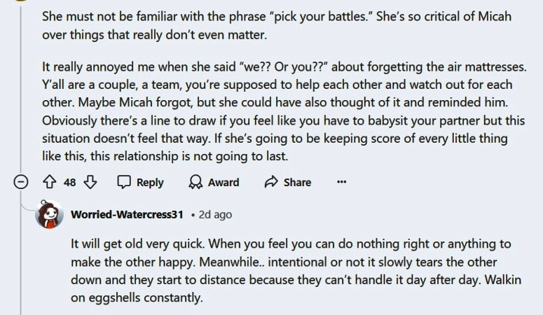 Redditors discuss how Veronica Peters is highly critical of Micah Plath. - Reddit 