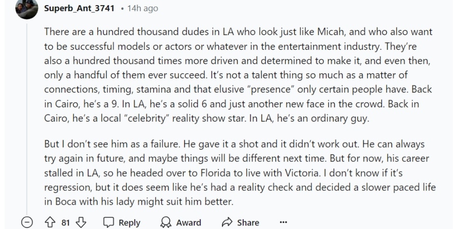 Some fans discuss how Micah Plath's modeling career doesn't seem to be working out. - Reddit