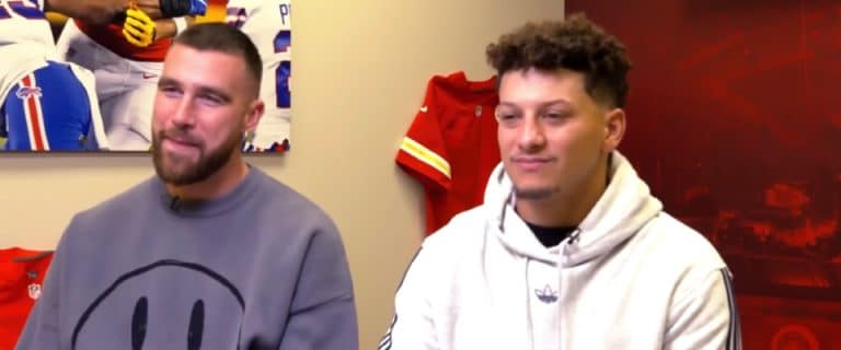 Travis Kelce and Patrick Mahomes in a screenshot from an interview