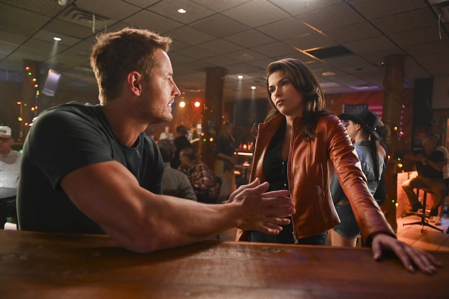 Pictured: Justin Hartley as Colter Shaw and Sofia Pernas as Billie Matalon. Photo: Sergei Bachlakov/CBS ©2024 CBS Broadcasting, Inc. All Rights Reserved.