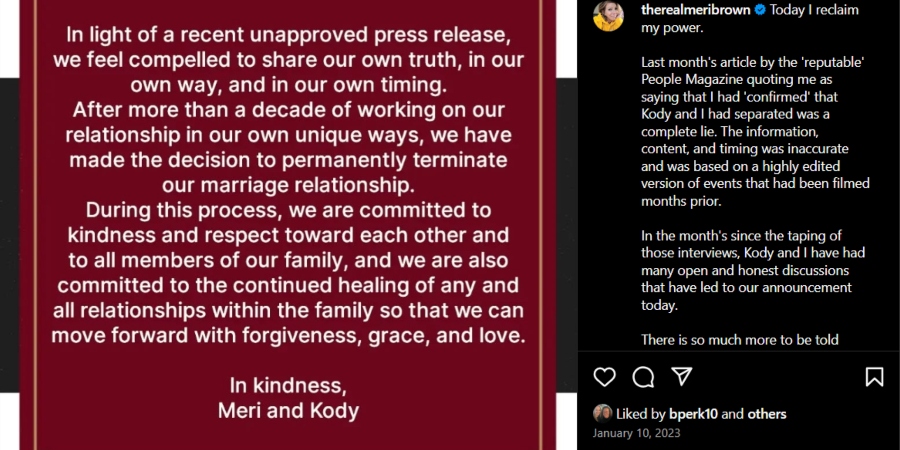 Meri and Kody Brown want to talk about their marriage end in their own way. - Instagram