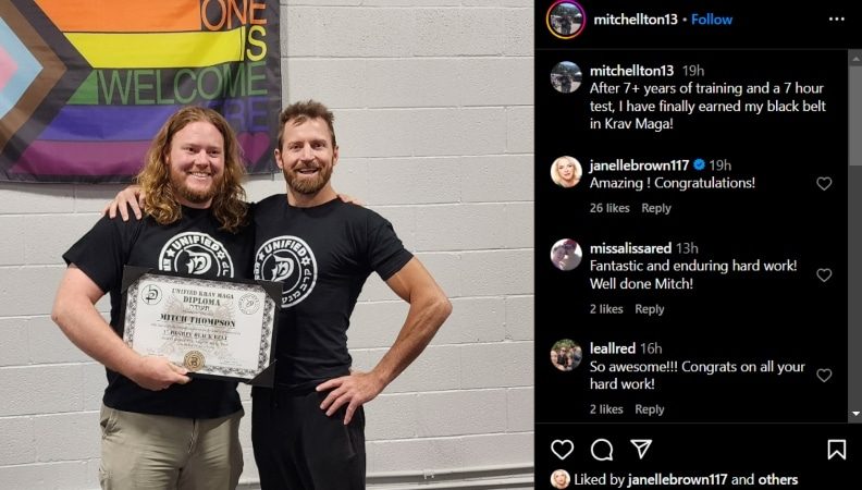 Mitch Thompson gets his black belt in Krav Maga. - Instagram