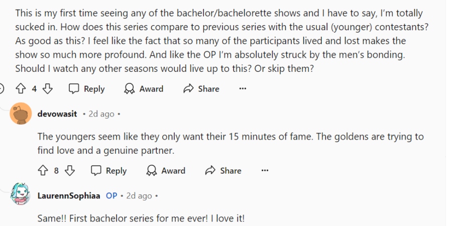 The Golden Bachelorette fans love how the men bonded. - Reddit