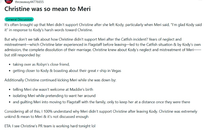 Sister Wives fans discuss Christine Brown hasn't been supportive of Meri Brown. - Reddit 