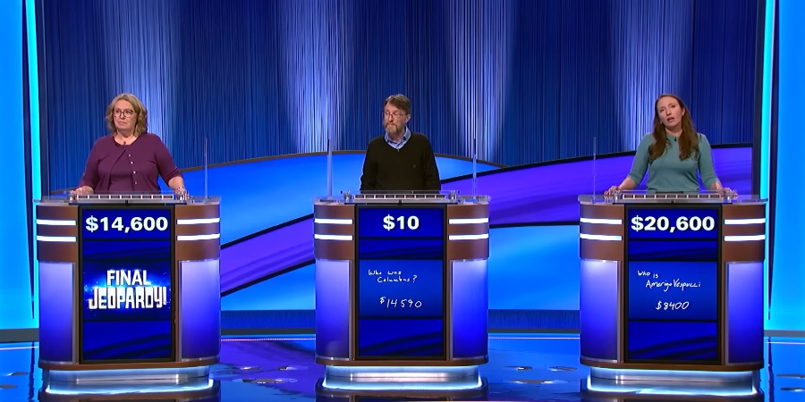 Susan prepares to show her answer after Rachel Marcus got it correct. - Jeopardy!