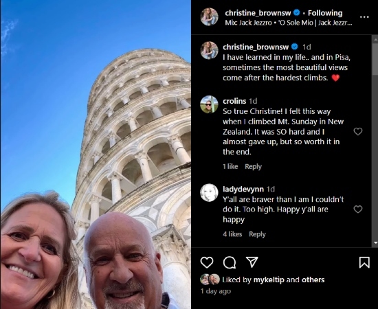 Christine Brown and David Woolley visit Pisa, Italy. - Instagram