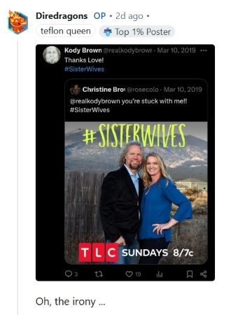 One fan shows an old tweet saying Kody is stuck with Christine Brown. - Reddit