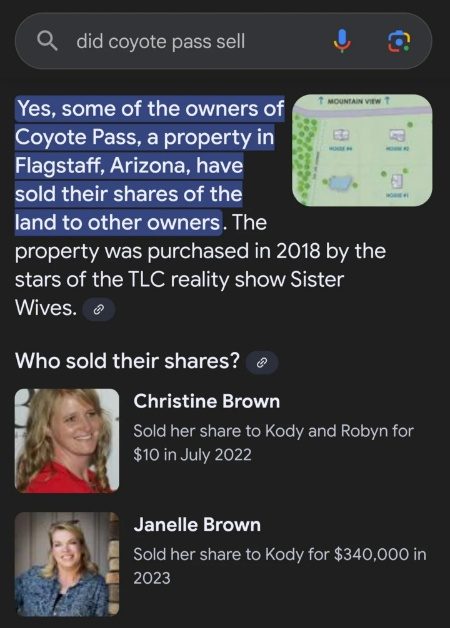 A Sister Wives fan shows a search indicating Janelle Brown has sold her shares of Coyote Pass for $340K. - Reddit 