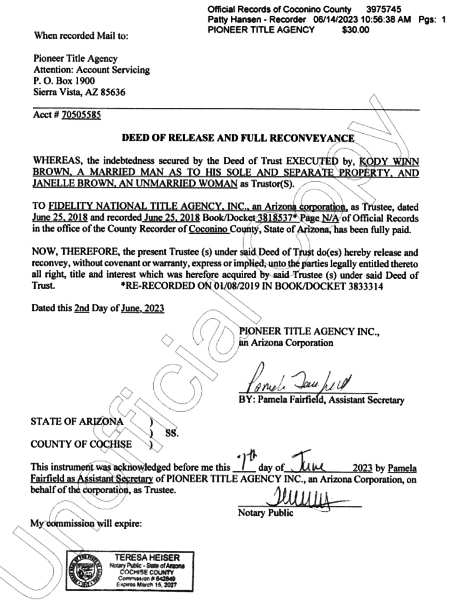 Both signed the “Deed of Release & Reconveyance” for Coyote Pass. - Coconino County Records