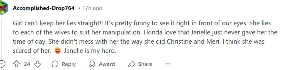 Sister Wives fans spot the bold face lie and love that Janelle didn't give her the opportunity.-Reddit