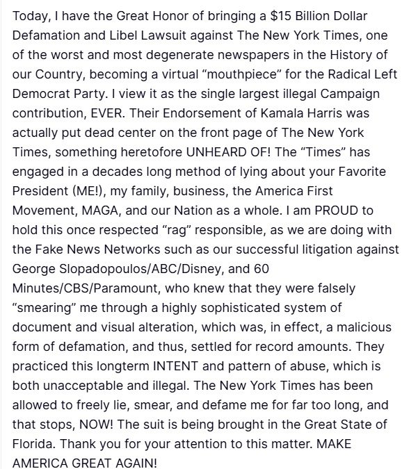 Donald Trump Defamation truth social