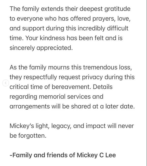 Mickey Lee's family releases statement/Credit: Instagram